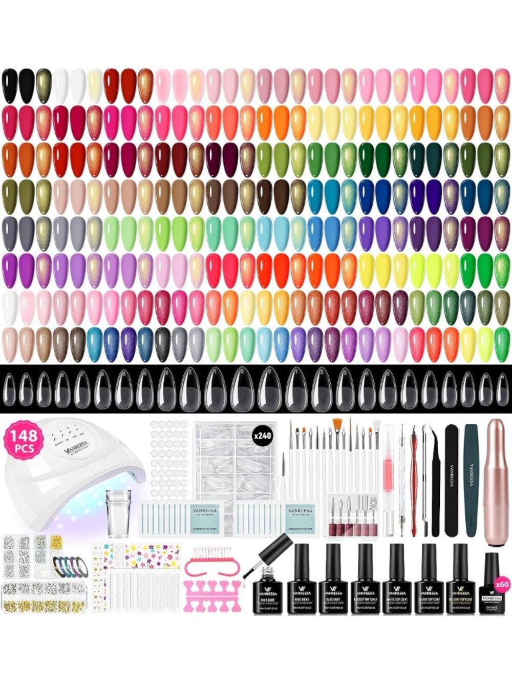 148Pcs Gel Nail Polish Kit with UV Light, 60 Colors, Nail Tips & Drill - Perfect